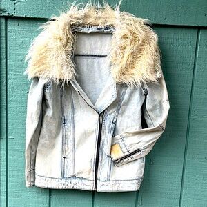 Somedays Lovin Blue and Cream Jean Jacket with Faux Fur Collar